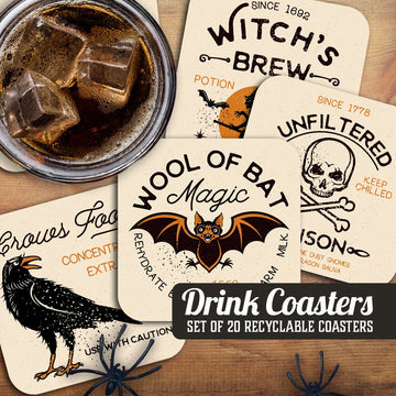 Witch, Poison, Bat, Crow Assorted Halloween Coaster Set