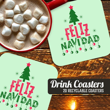 Feliz Navidad (Tree and Ornaments) Paper Coaster Set